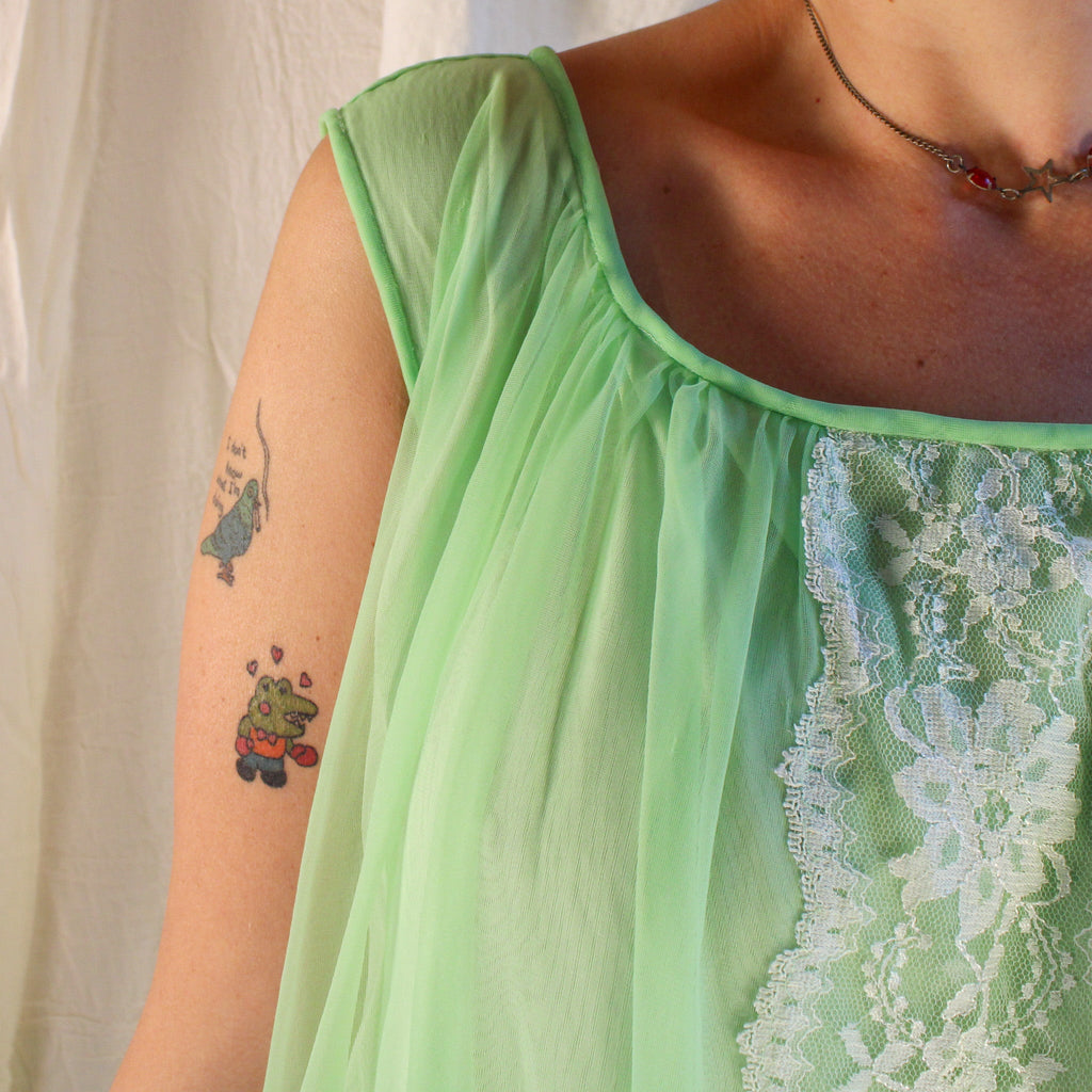 Mint green nylon nightgown with sheer overlay
