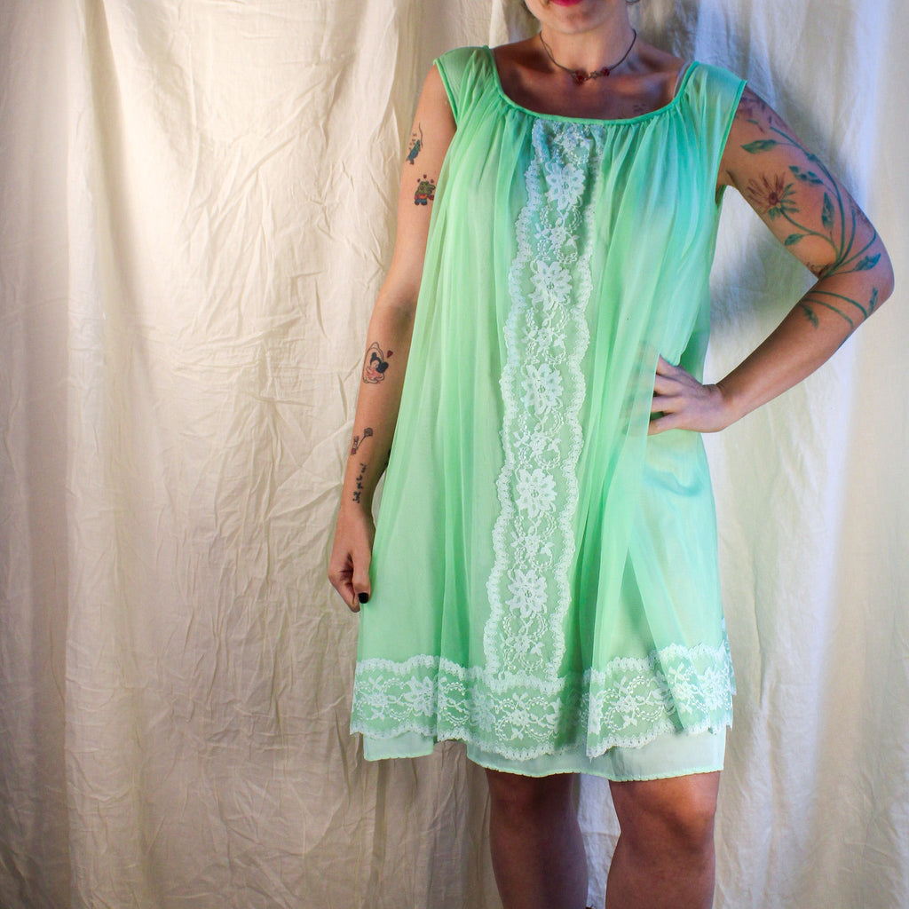 Mint green nylon nightgown with sheer overlay