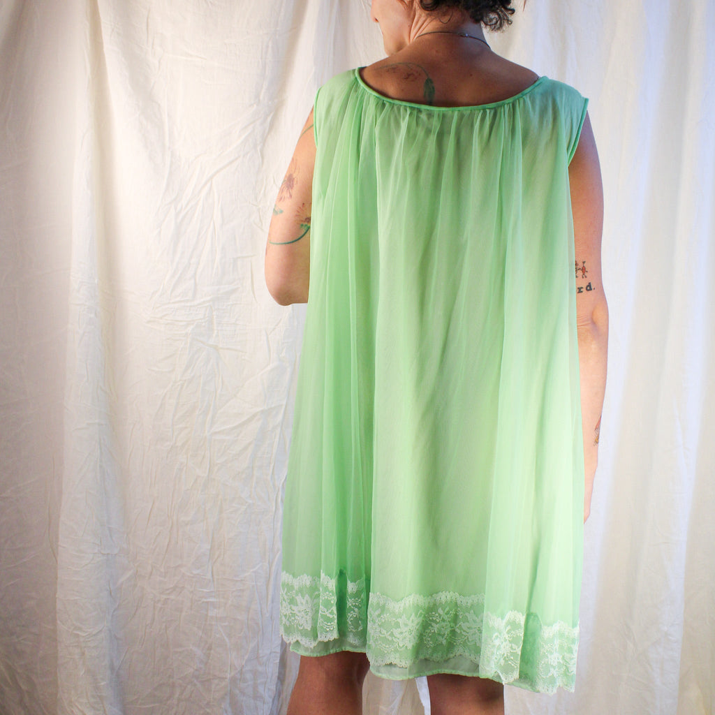Mint green nylon nightgown with sheer overlay