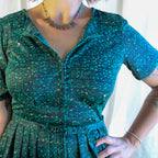 70s green zip-up floral tile belted dress by shelton stroller