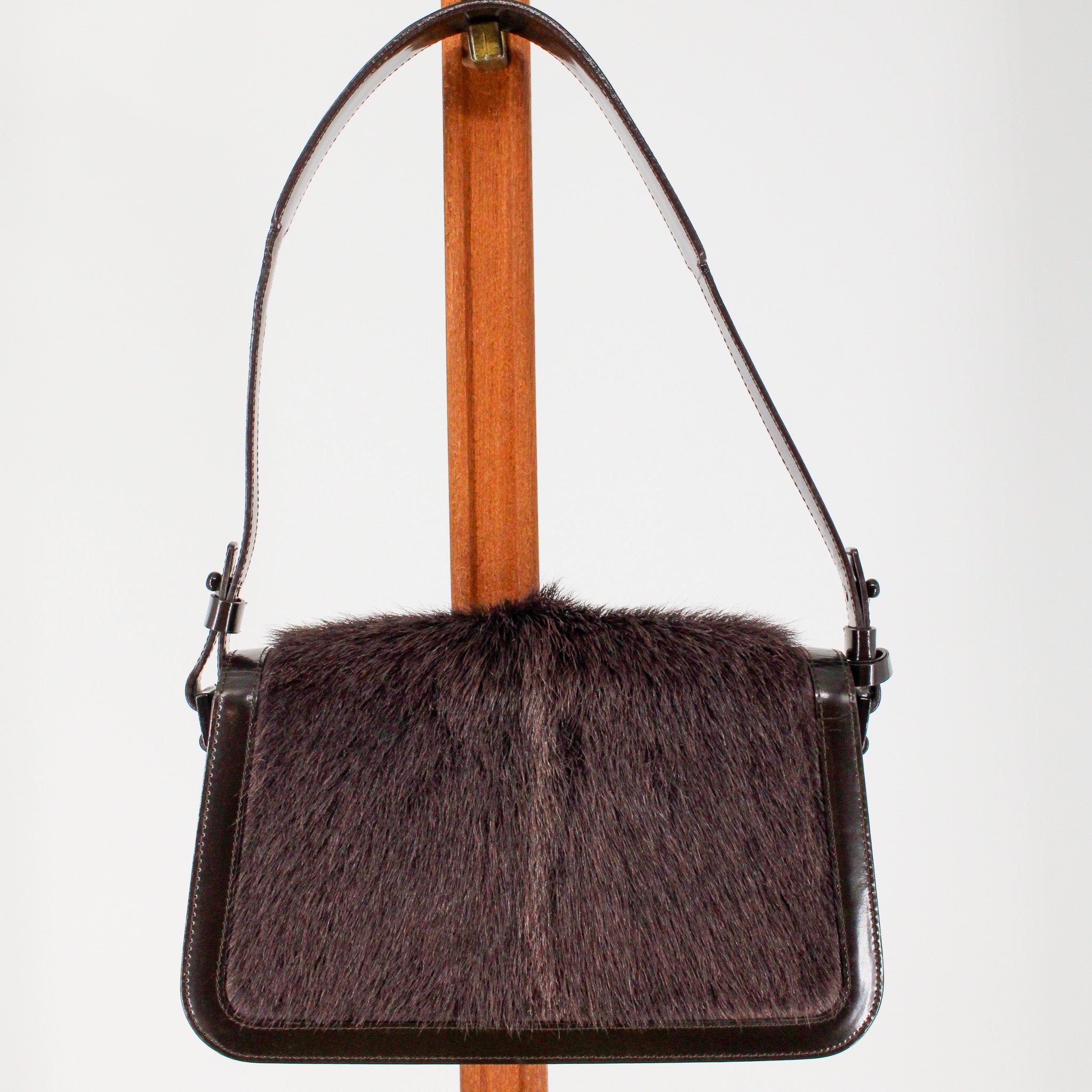 y2k celine fur flap patent leather shoulder bag, front