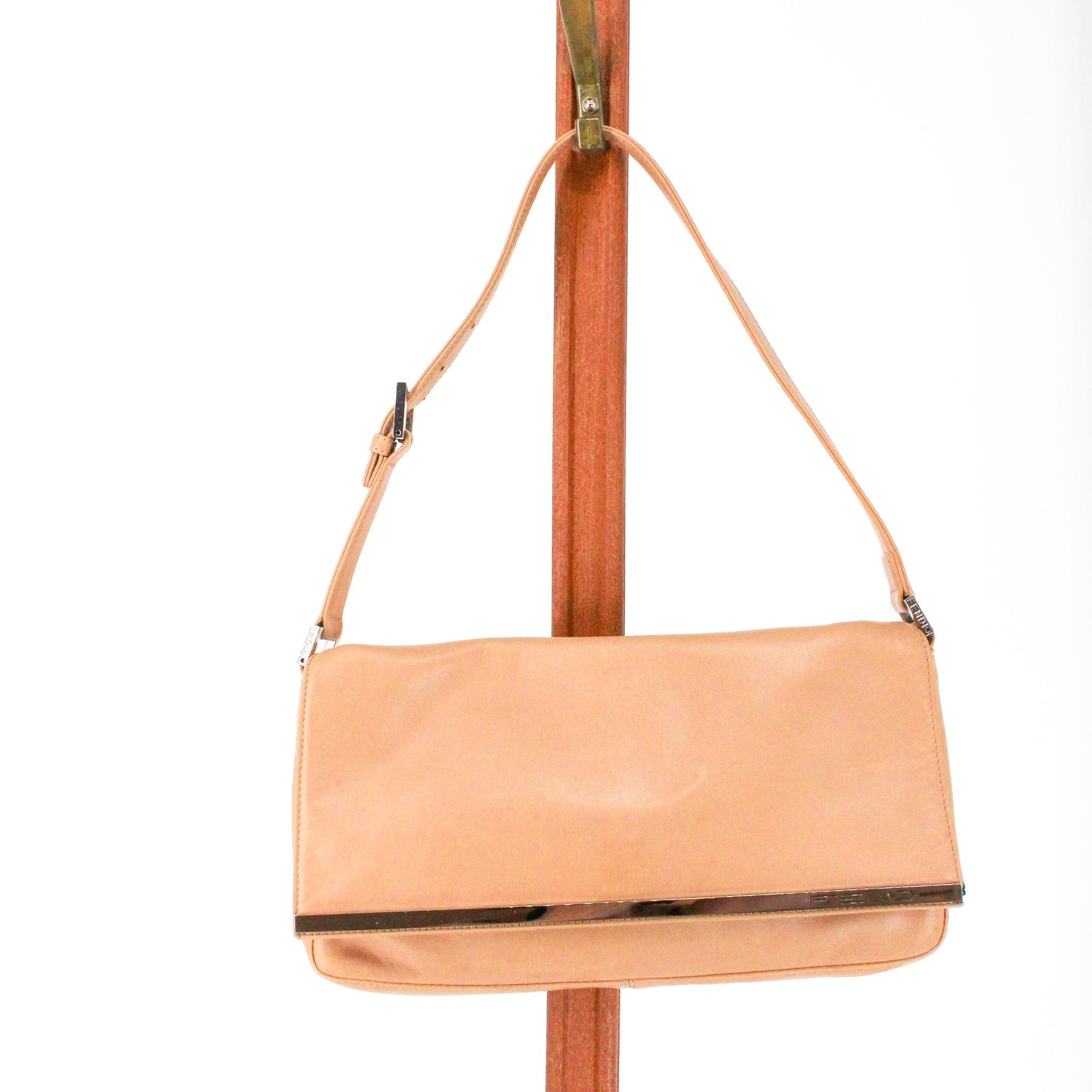 y2k fendi tan leather logo bar shoulder bag, front
