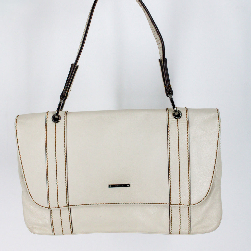 y2k gucci white leather shoulder bag - contrast topstitch flap