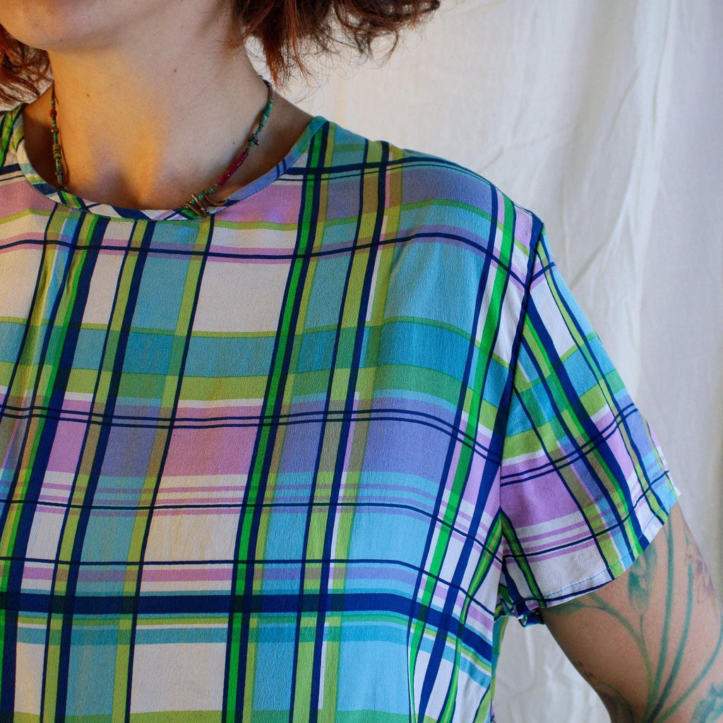 90s 100% silk plaid button-back blouse