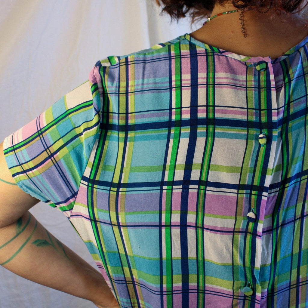 90s 100% silk plaid button-back blouse