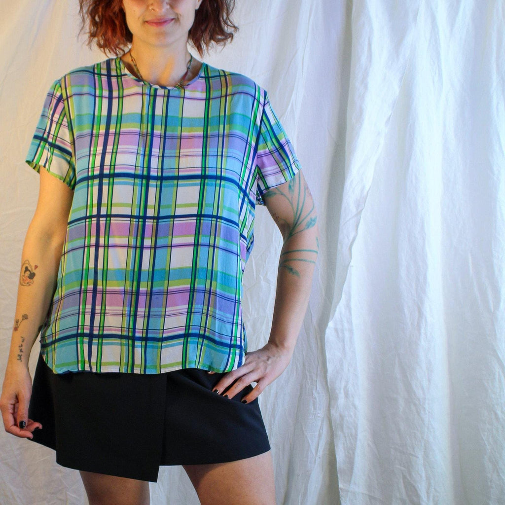 90s 100% silk plaid button-back blouse