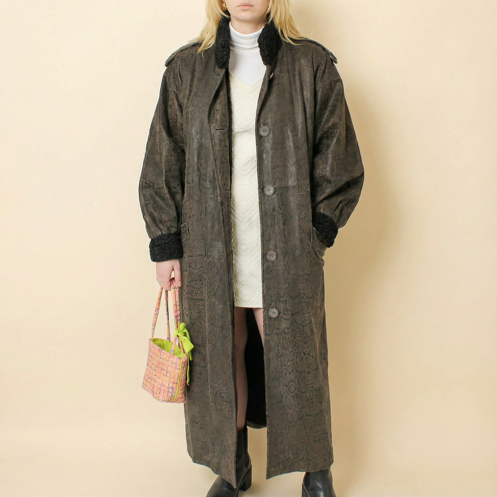 80s snakeskin leather coat with fur cuffs & lining, floorlength