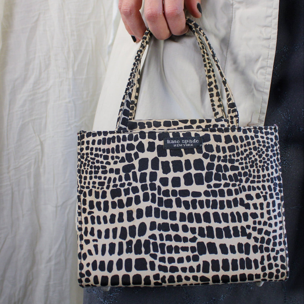 y2k kate spade black and cream animal print mini tote