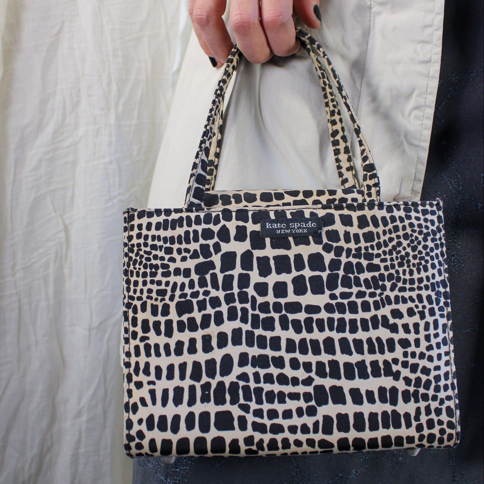 y2k kate spade black and cream animal print mini tote