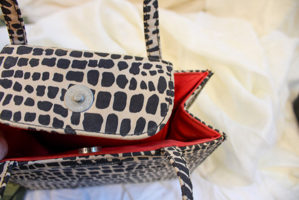 y2k kate spade black and cream animal print mini tote