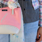 early 2000s kate spade new york pink monogram “l” tote bag with leather base, handles, and bow