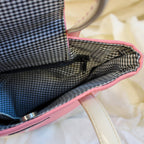 early 2000s kate spade new york pink monogram “l” tote bag with leather base, handles, and bow