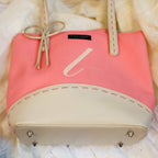 early 2000s kate spade new york pink monogram “l” tote bag with leather base, handles, and bow