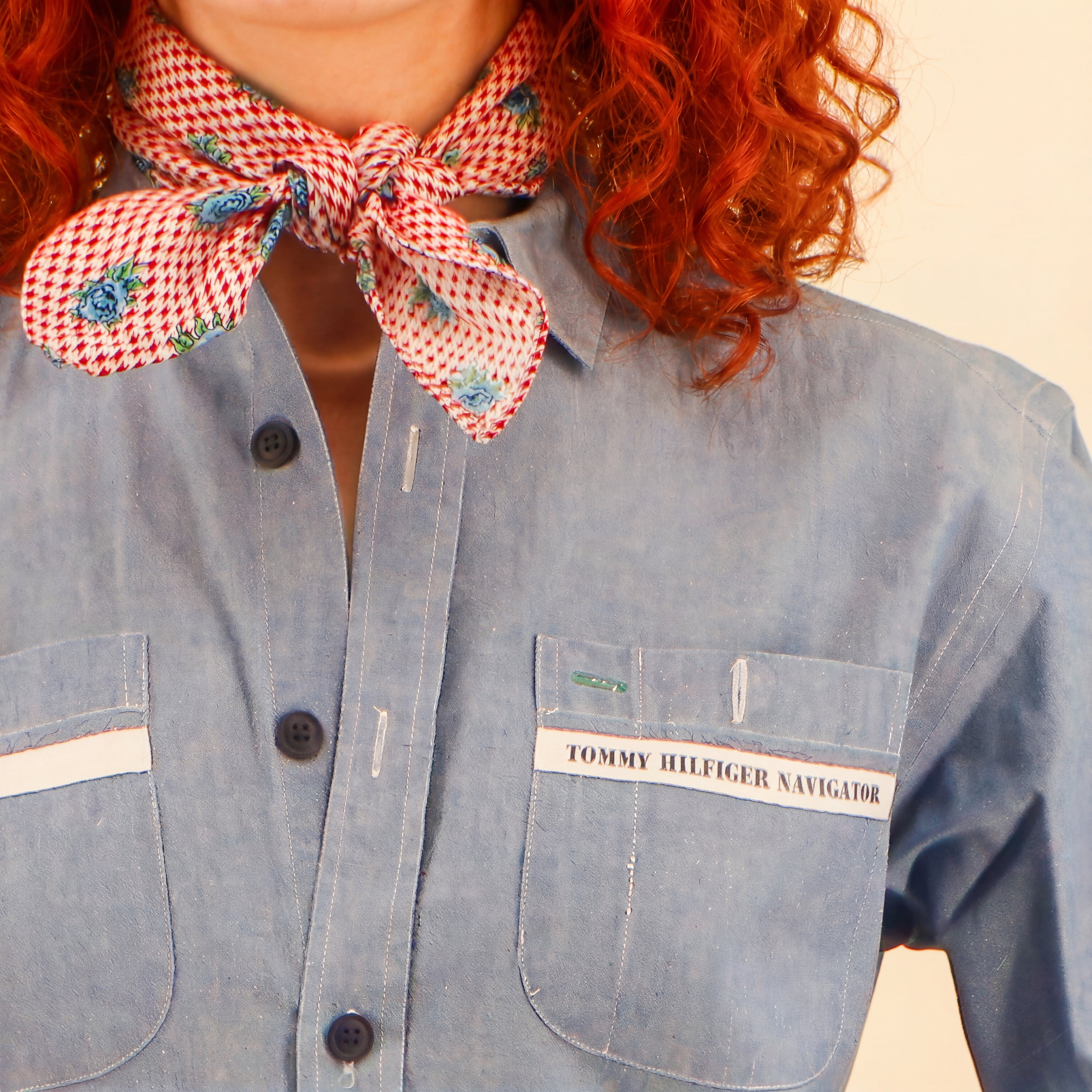 60s scarf or bandana usa-made vintage textile blue rose houndstooth