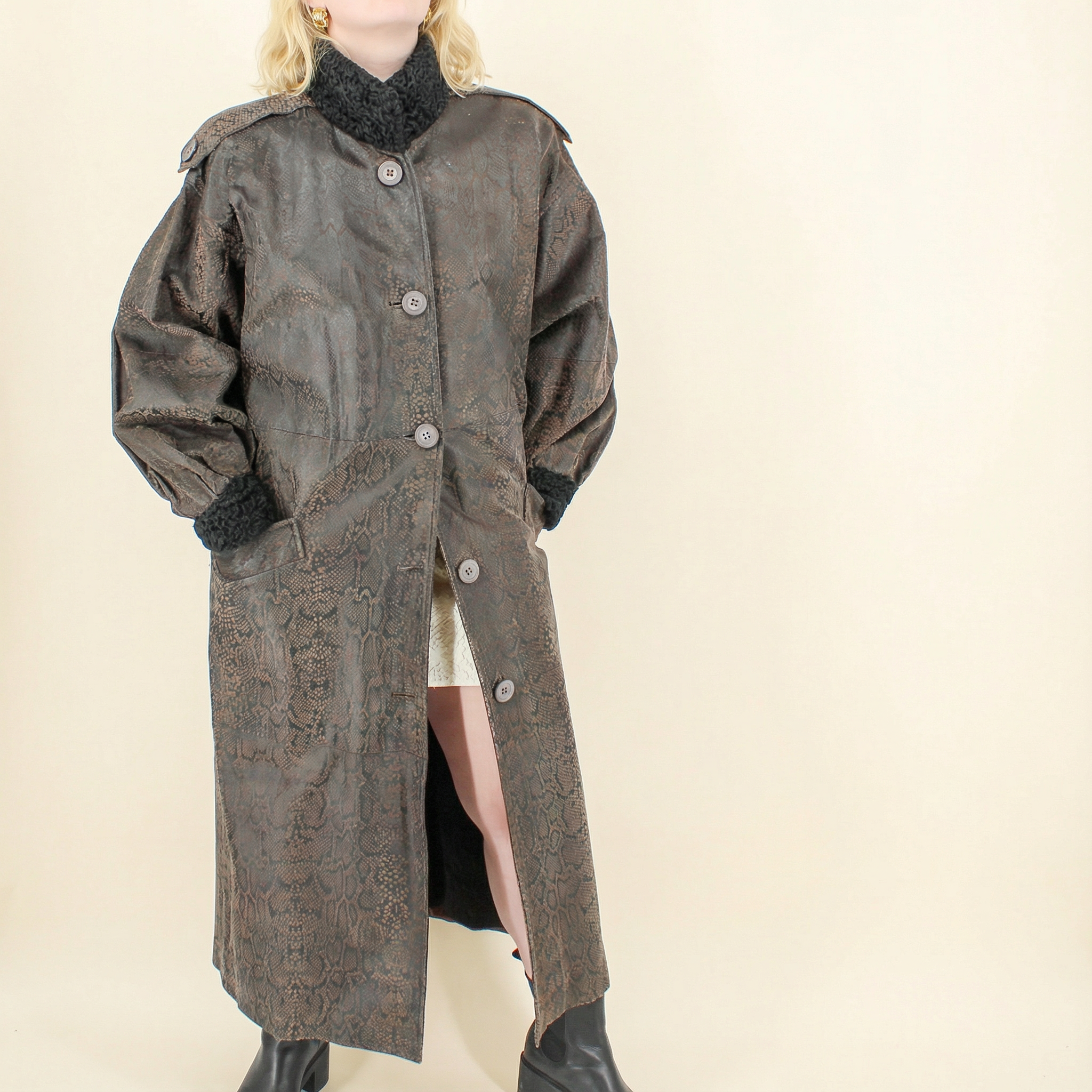 80s snakeskin leather coat with fur cuffs & lining, floorlength