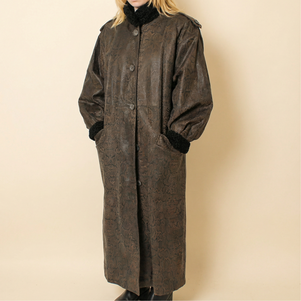 80s snakeskin leather coat with fur cuffs & lining, floorlength