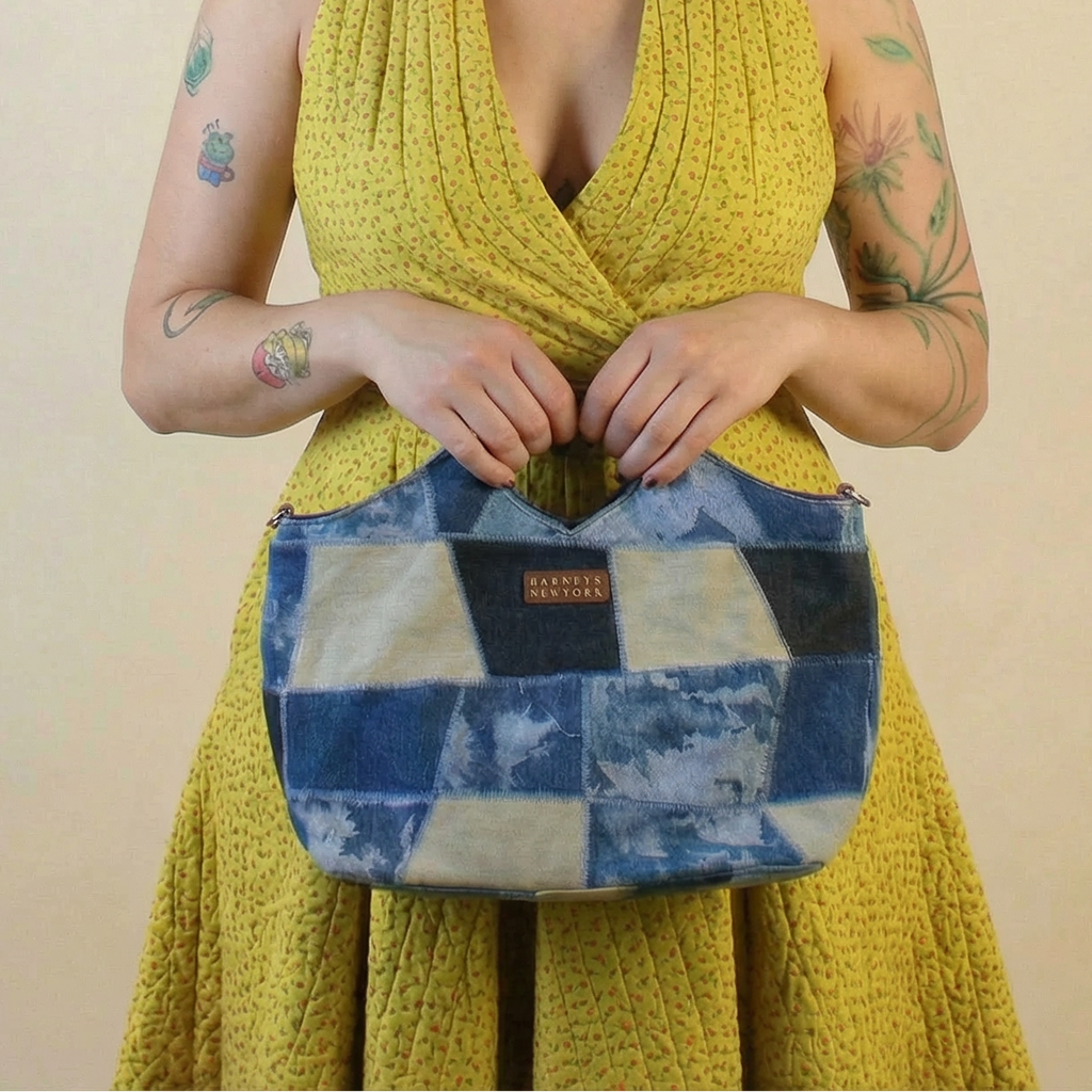 y2k vintage barneys new york patchwork denim & leather satchel
