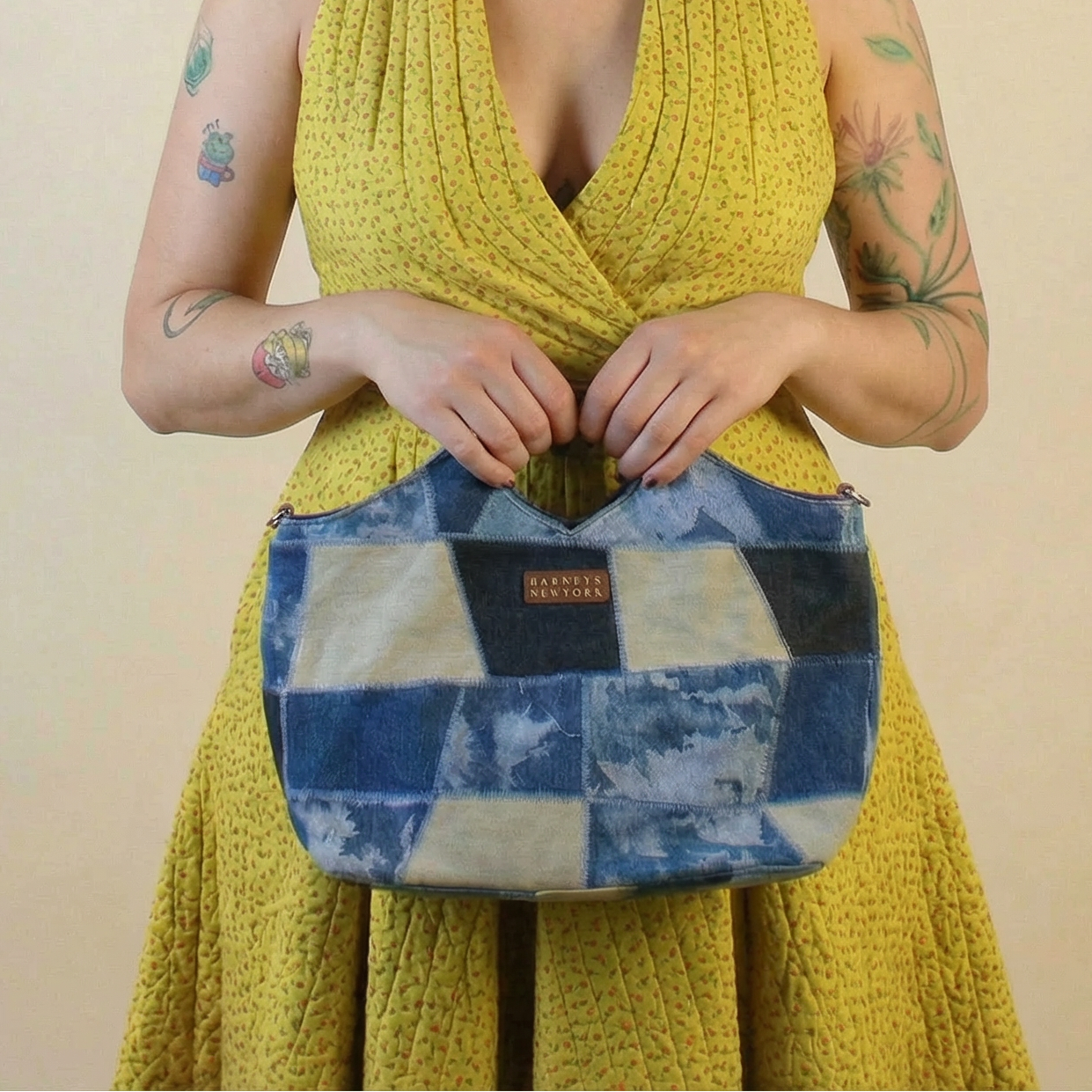 y2k vintage barneys new york patchwork denim & leather satchel