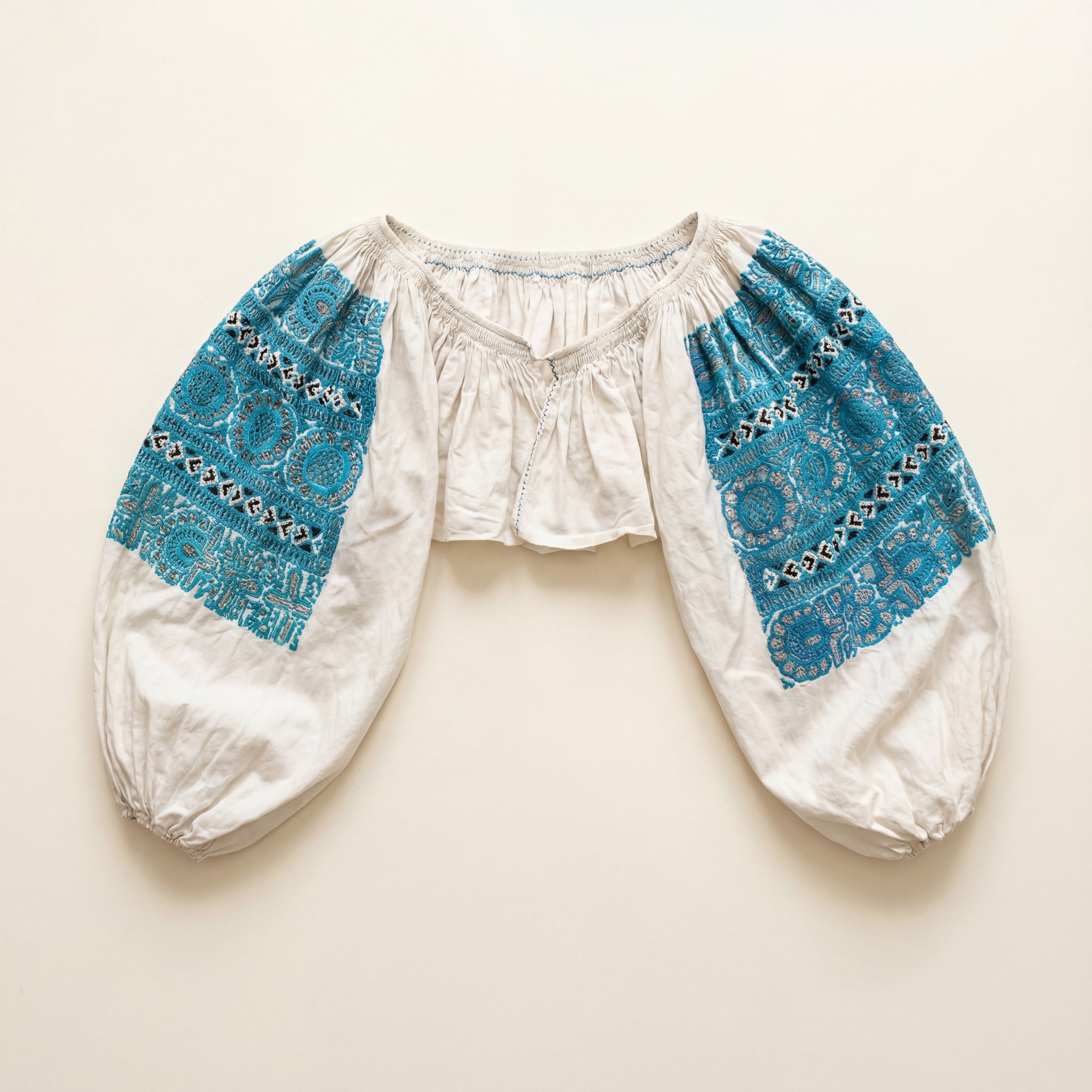 50s folk cropped blouse - hand-smocked neckline & wrists,  cutwork embroidery