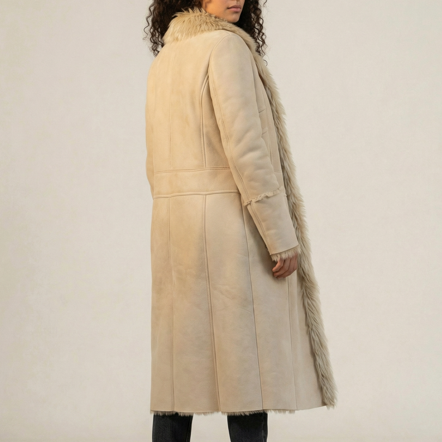 90s minimalist patchwork shearling coat with fur trim