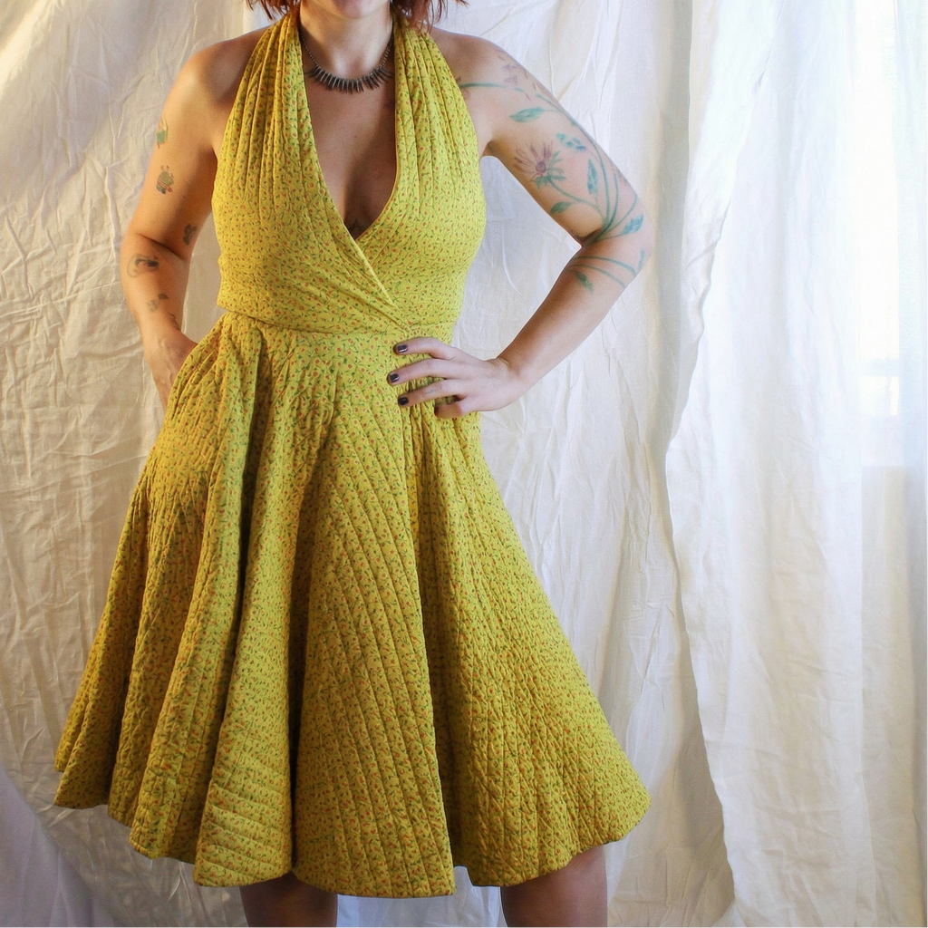 50s quilted yellow halter circle dress – handmade