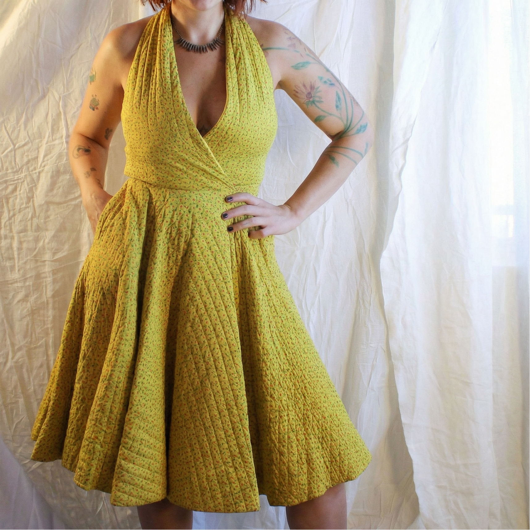50s quilted yellow halter circle dress – handmade