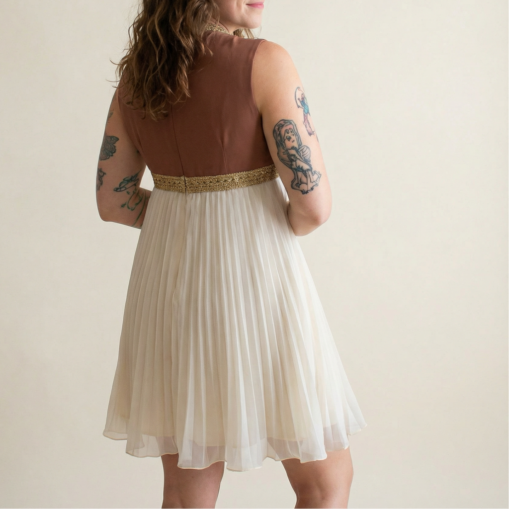 60s NOS gold collar micro pleat dress