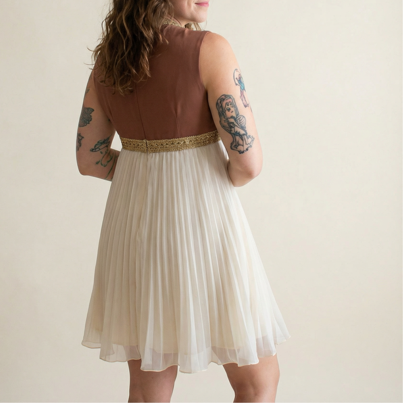 60s NOS gold collar micro pleat dress