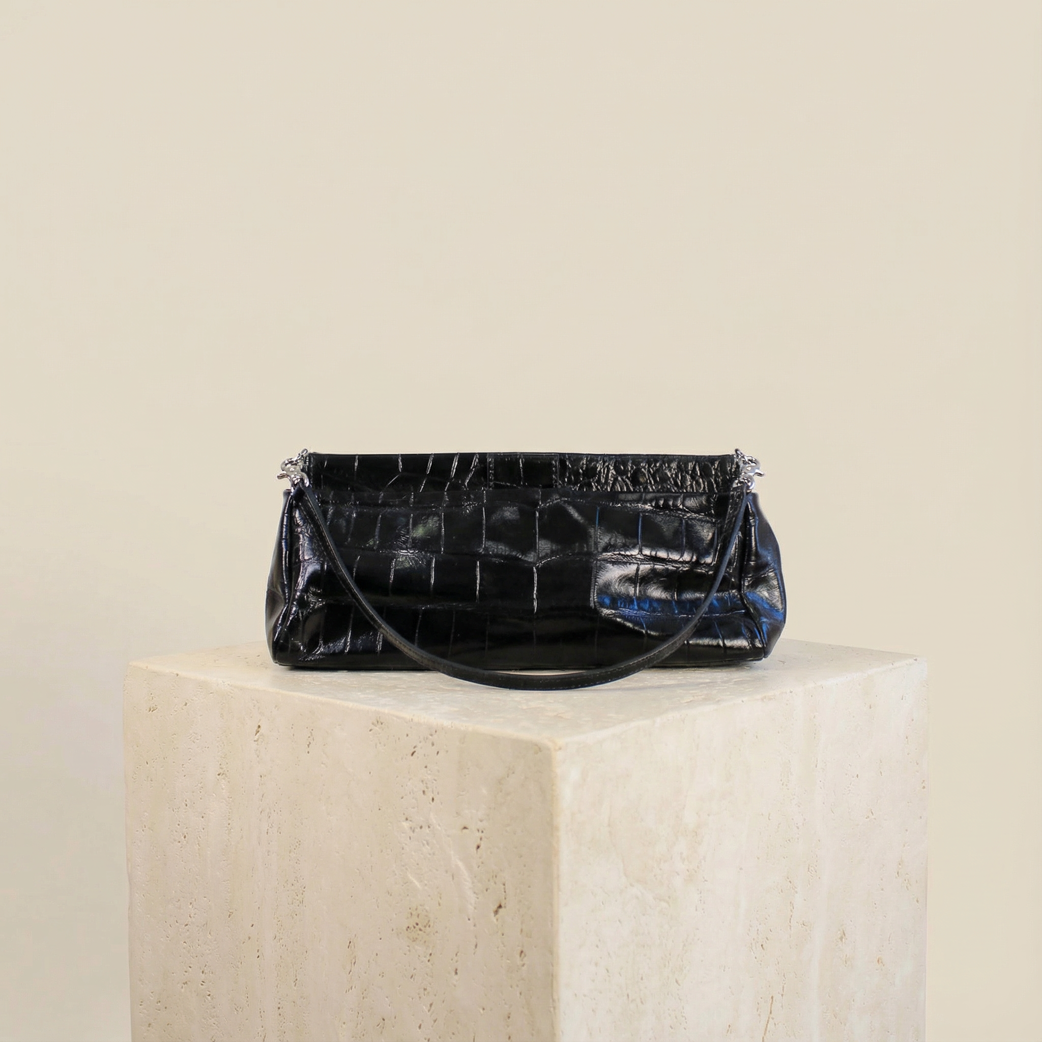 90s carlo pazolini black croc-embossed leather baguette bag made in italy