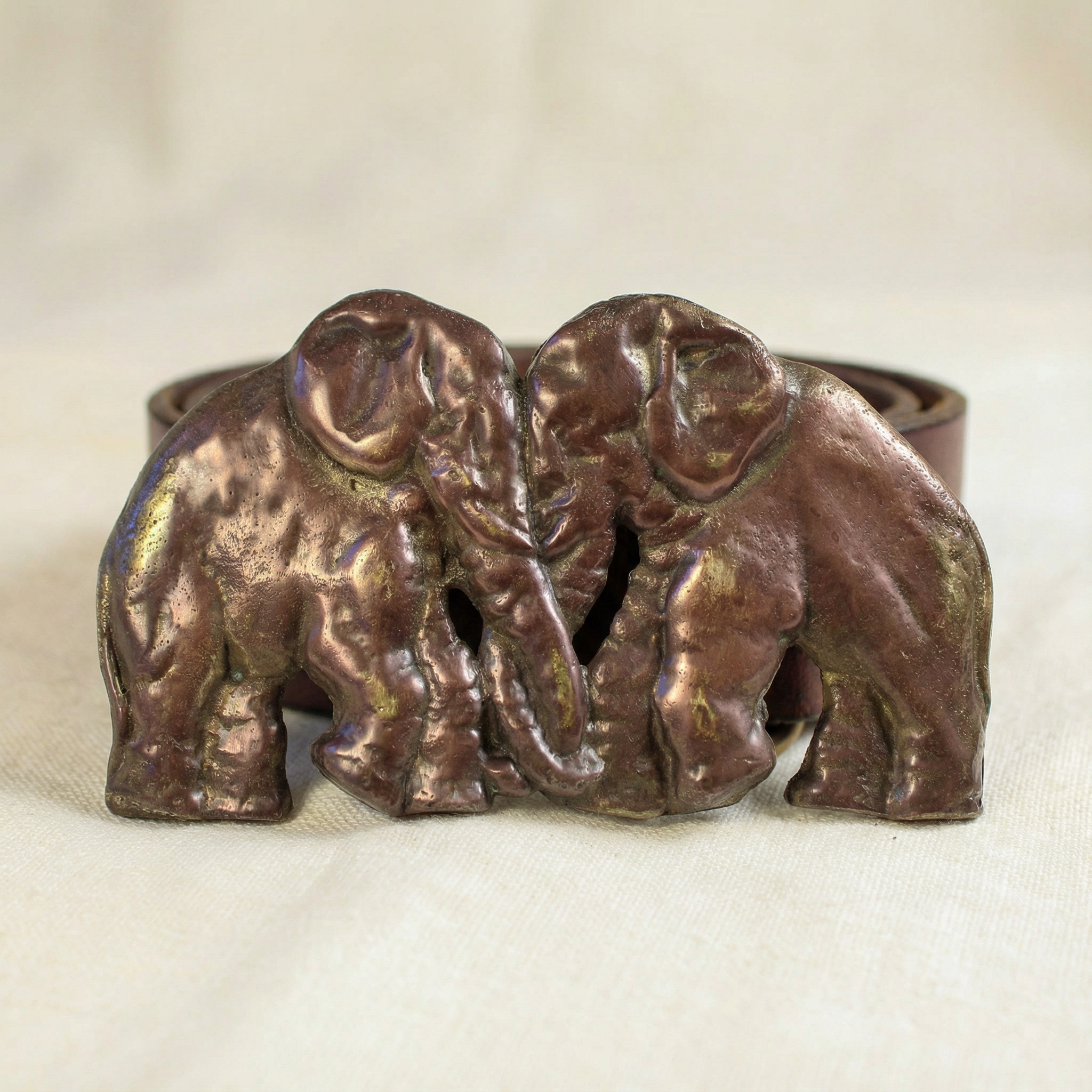 70s brass patina elephant buckle leather belt