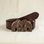 70s brass patina elephant buckle leather belt
