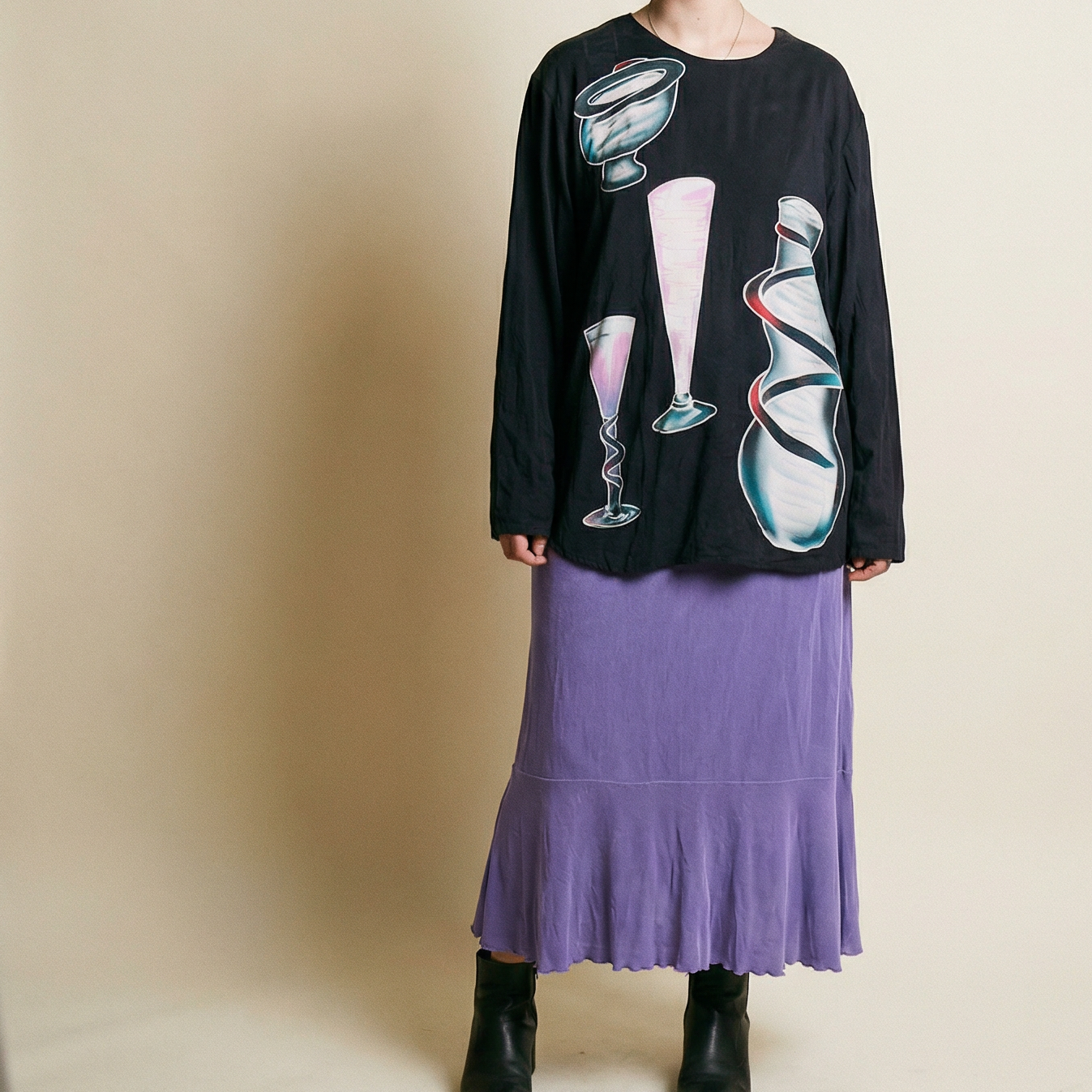 90s silk cocktail glass print blouse - oversized