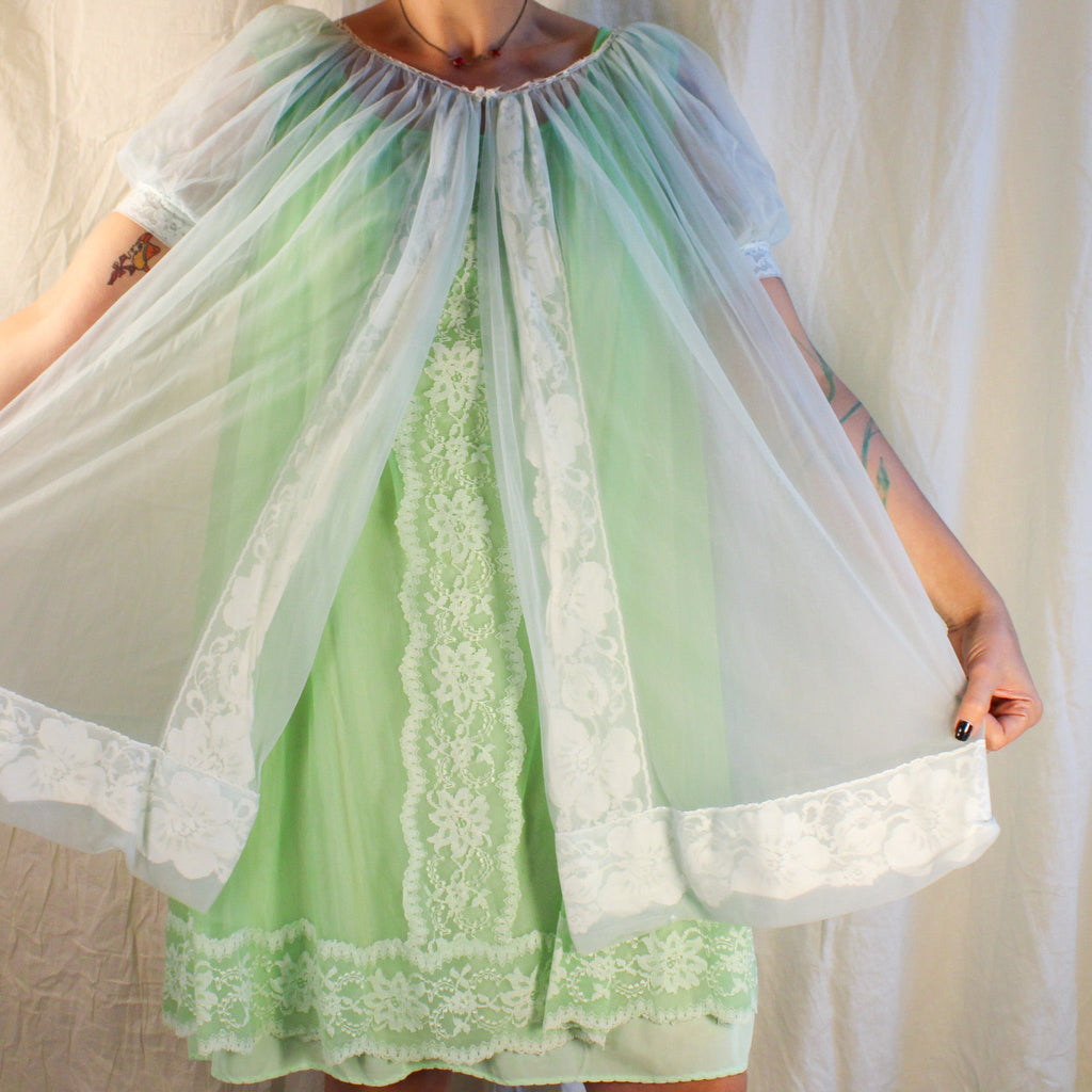 Miss Elaine light blue sheer nylon nightgown with puff sleeves