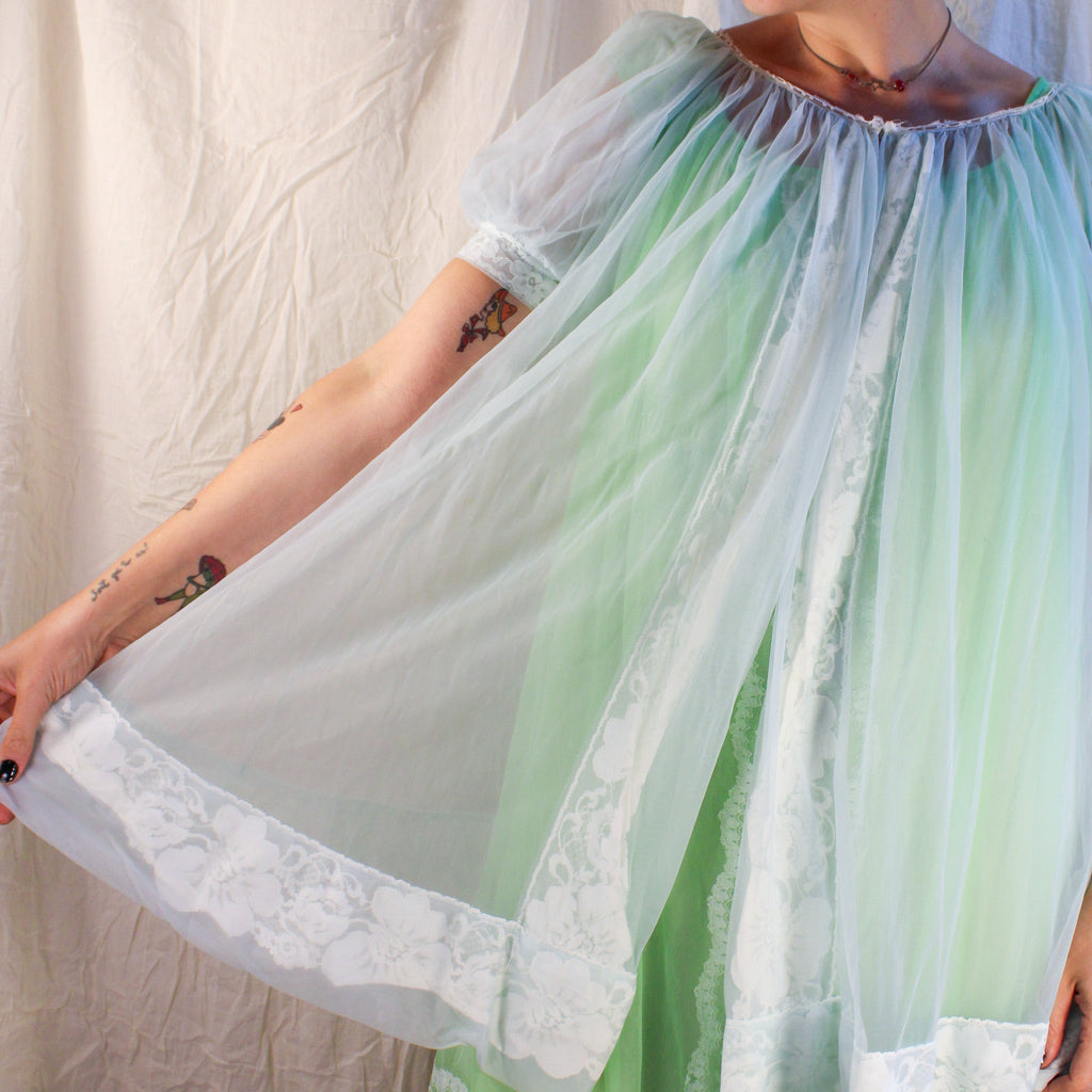 Miss Elaine light blue sheer nylon nightgown with puff sleeves