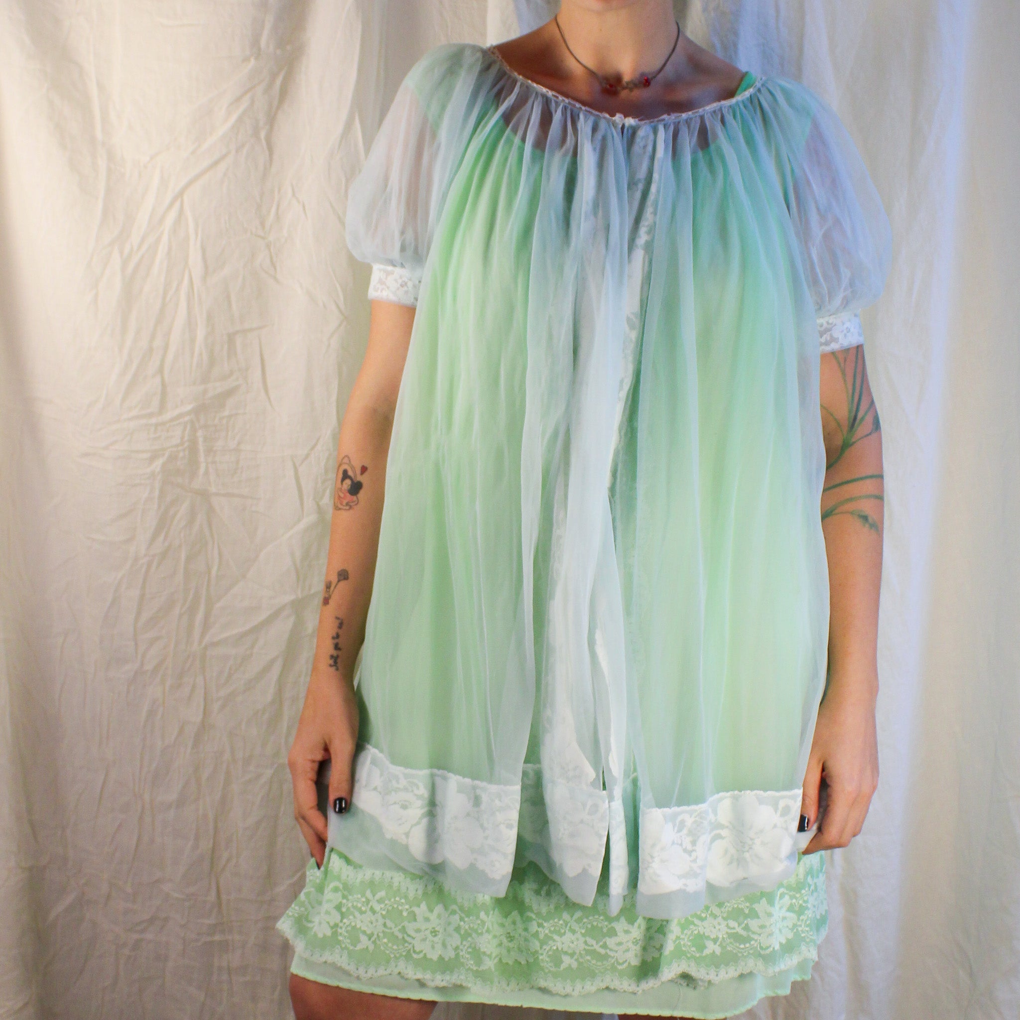 Miss Elaine light blue sheer nylon nightgown with puff sleeves