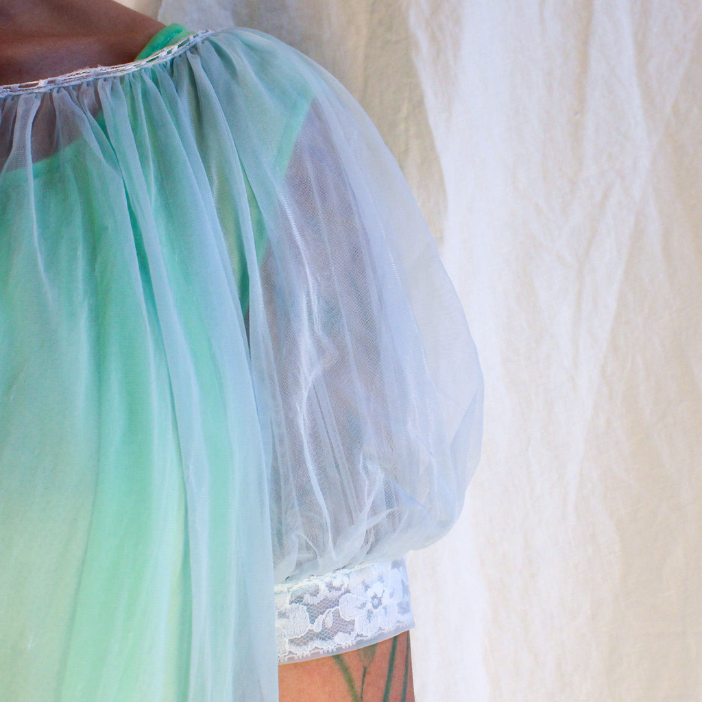 Miss Elaine light blue sheer nylon nightgown with puff sleeves