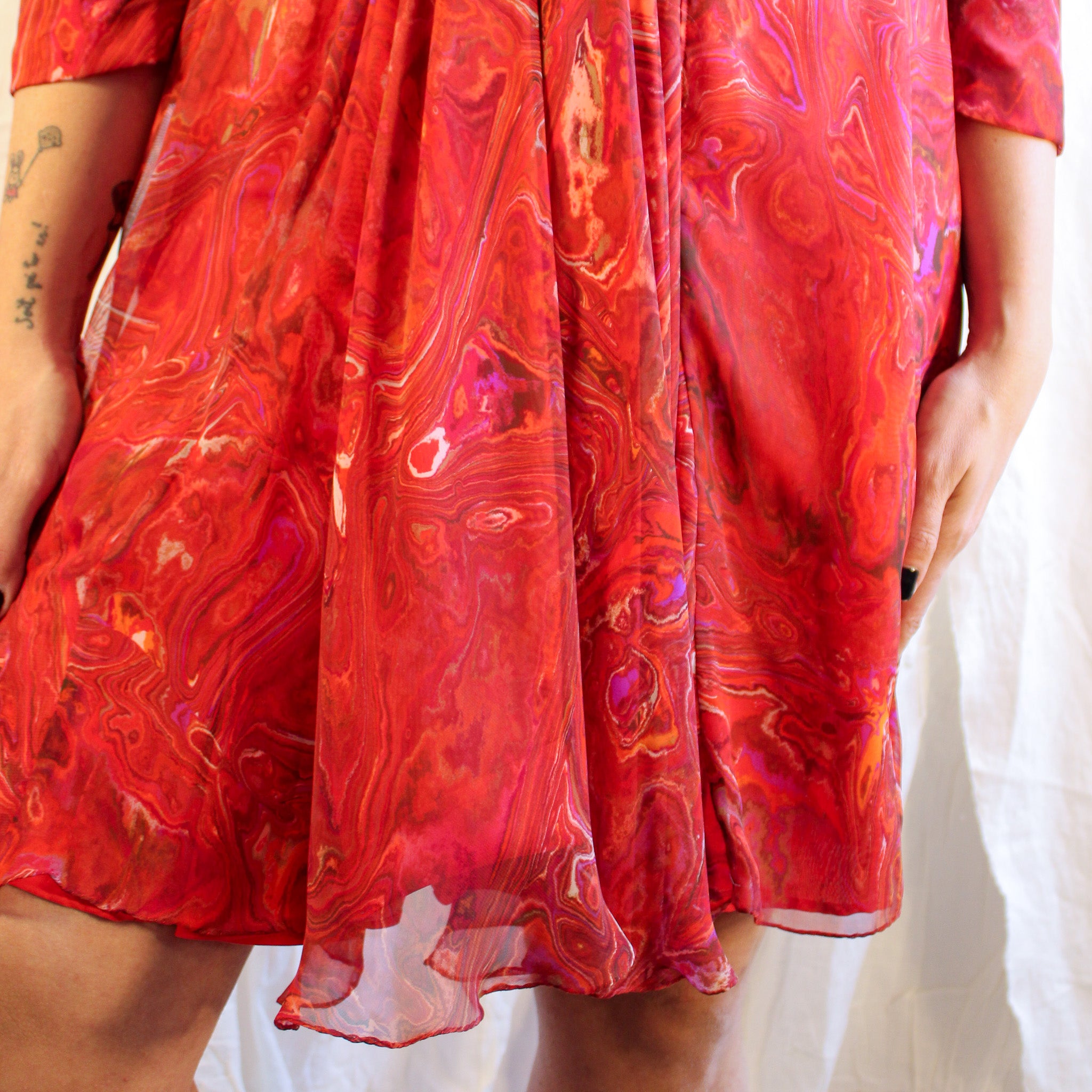 70s red marbled chiffon draped dress, image 1