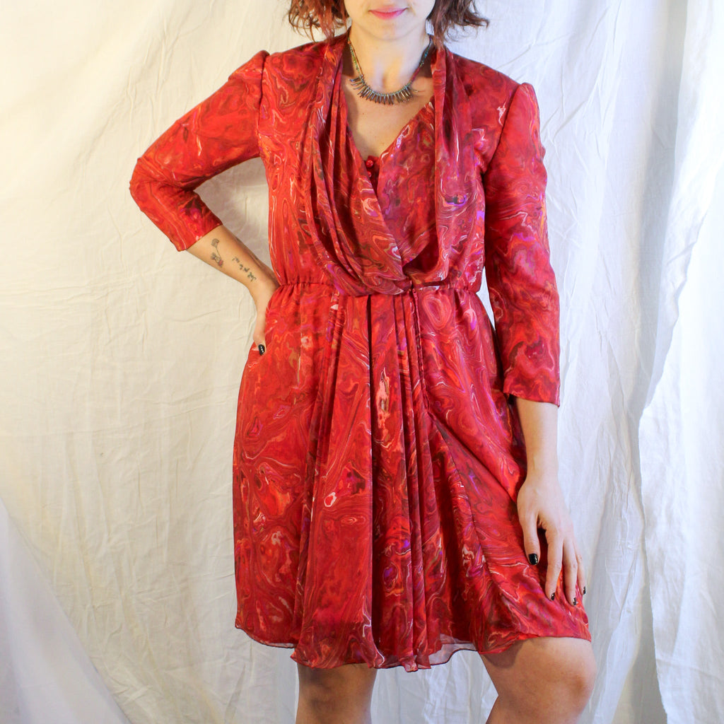 70s red marbled chiffon draped dress, image 2