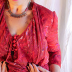 70s red marbled chiffon draped dress, image 3