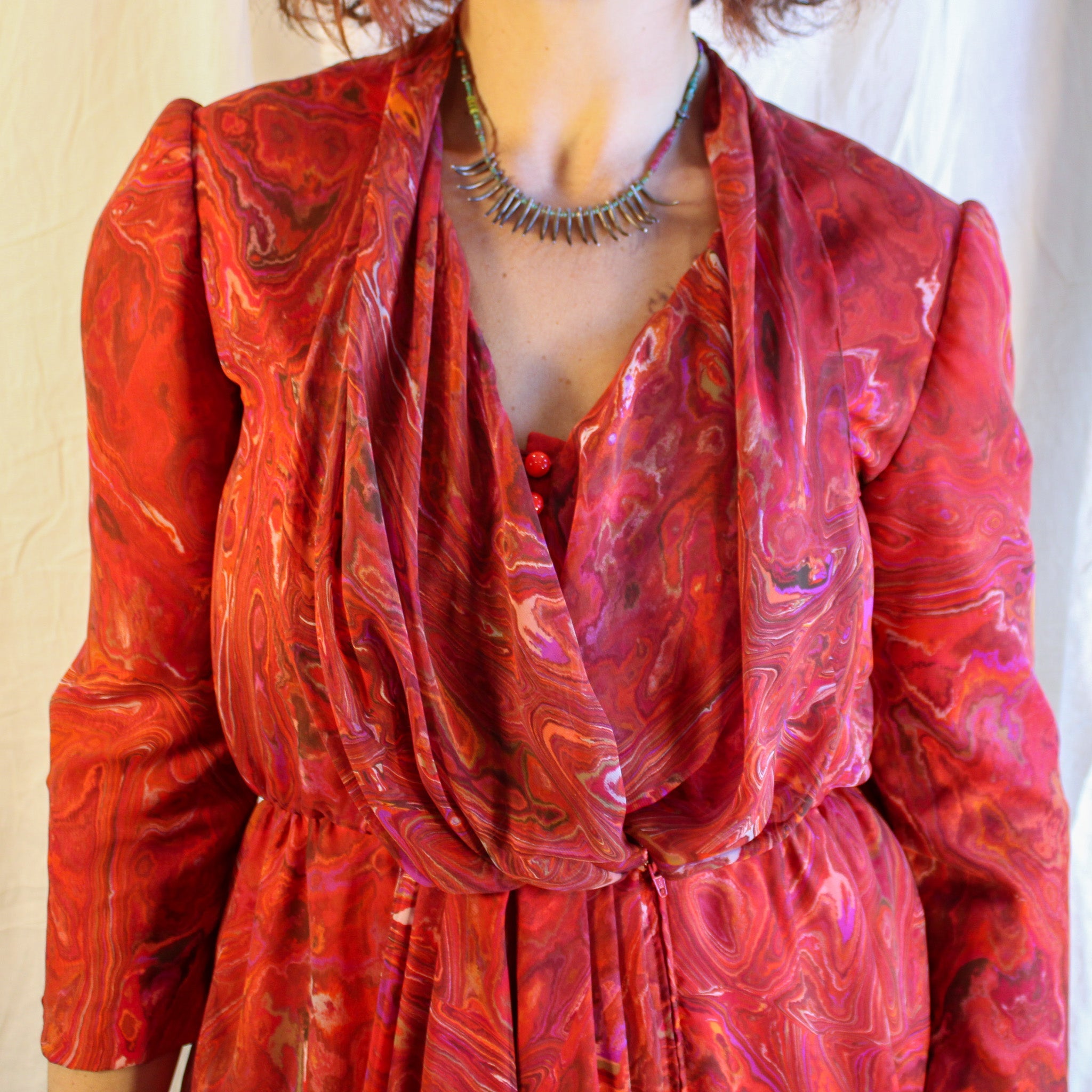 70s red marbled chiffon draped dress, image 4