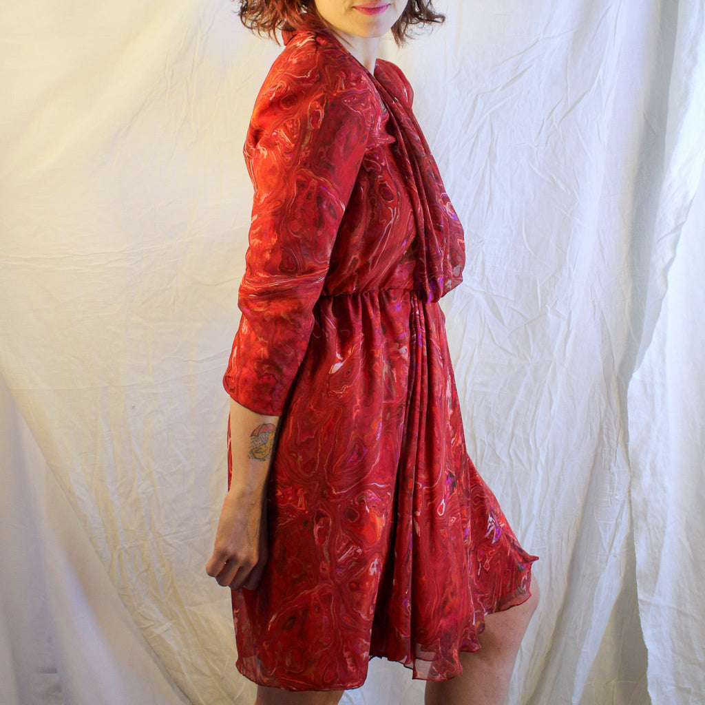 70s red marbled chiffon draped dress, image 6