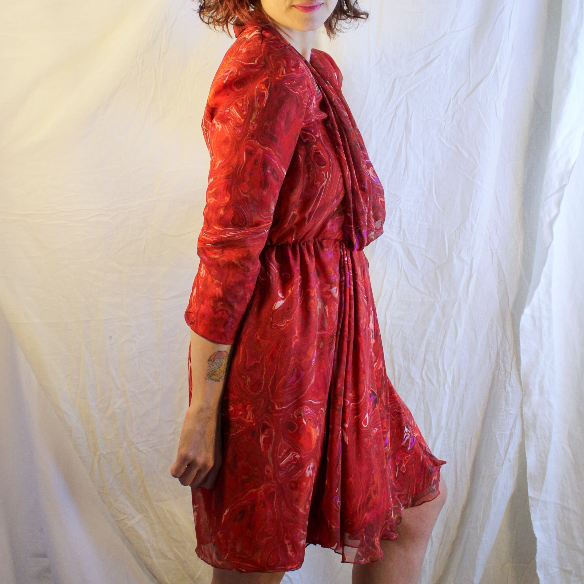 70s red marbled chiffon draped dress, image 6