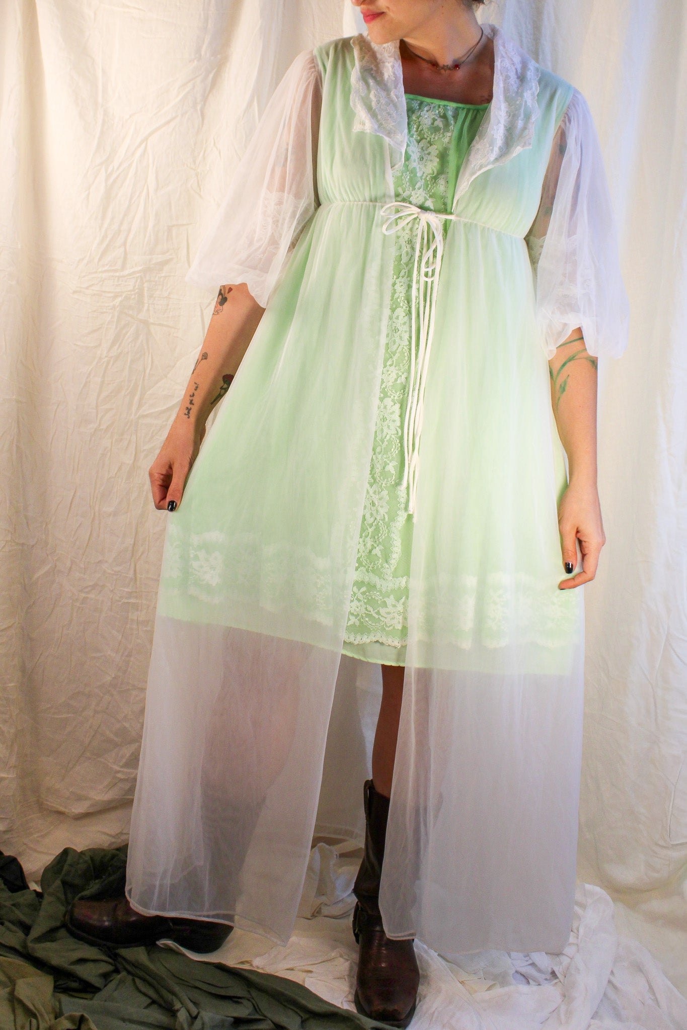 60s/70s vintage texsheen sheer lace maxi robe – vintage lingerie