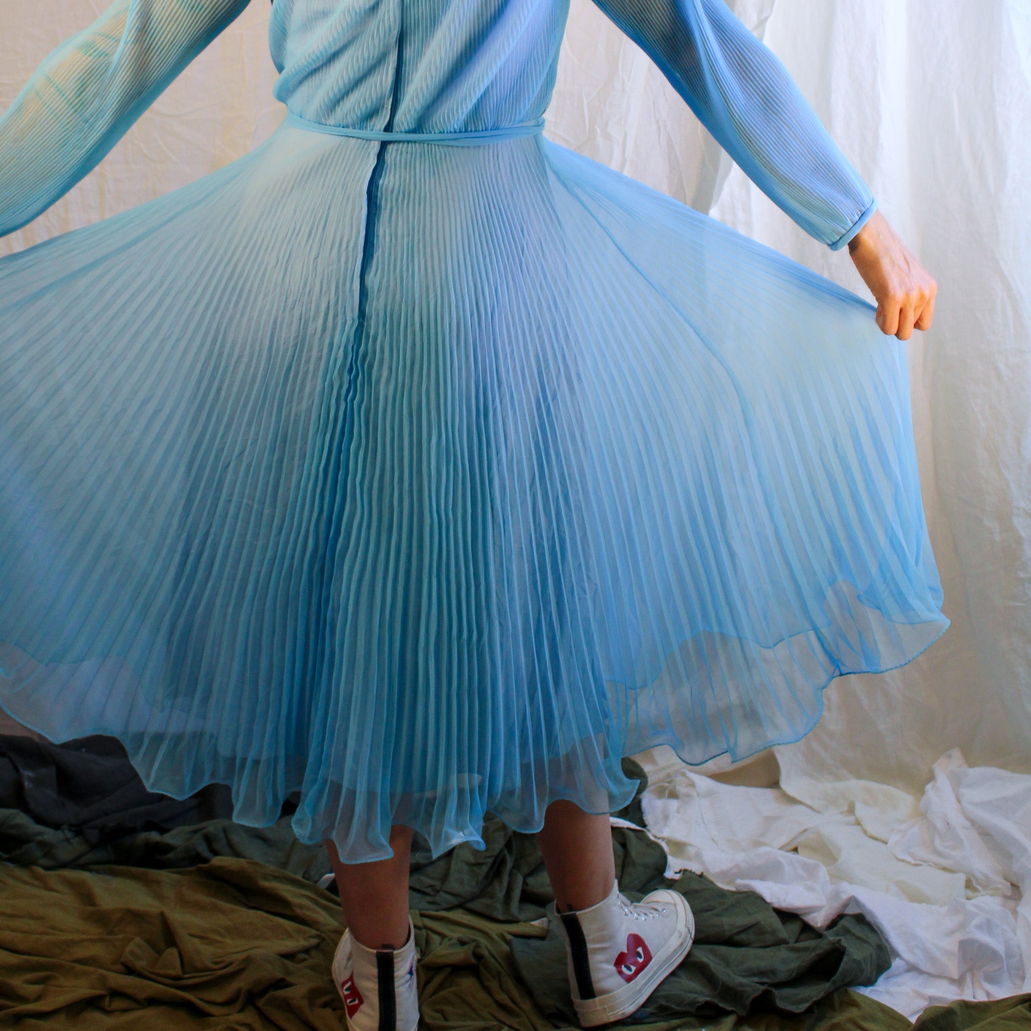 Front view on model of Miss Elliette pleated chiffon dress