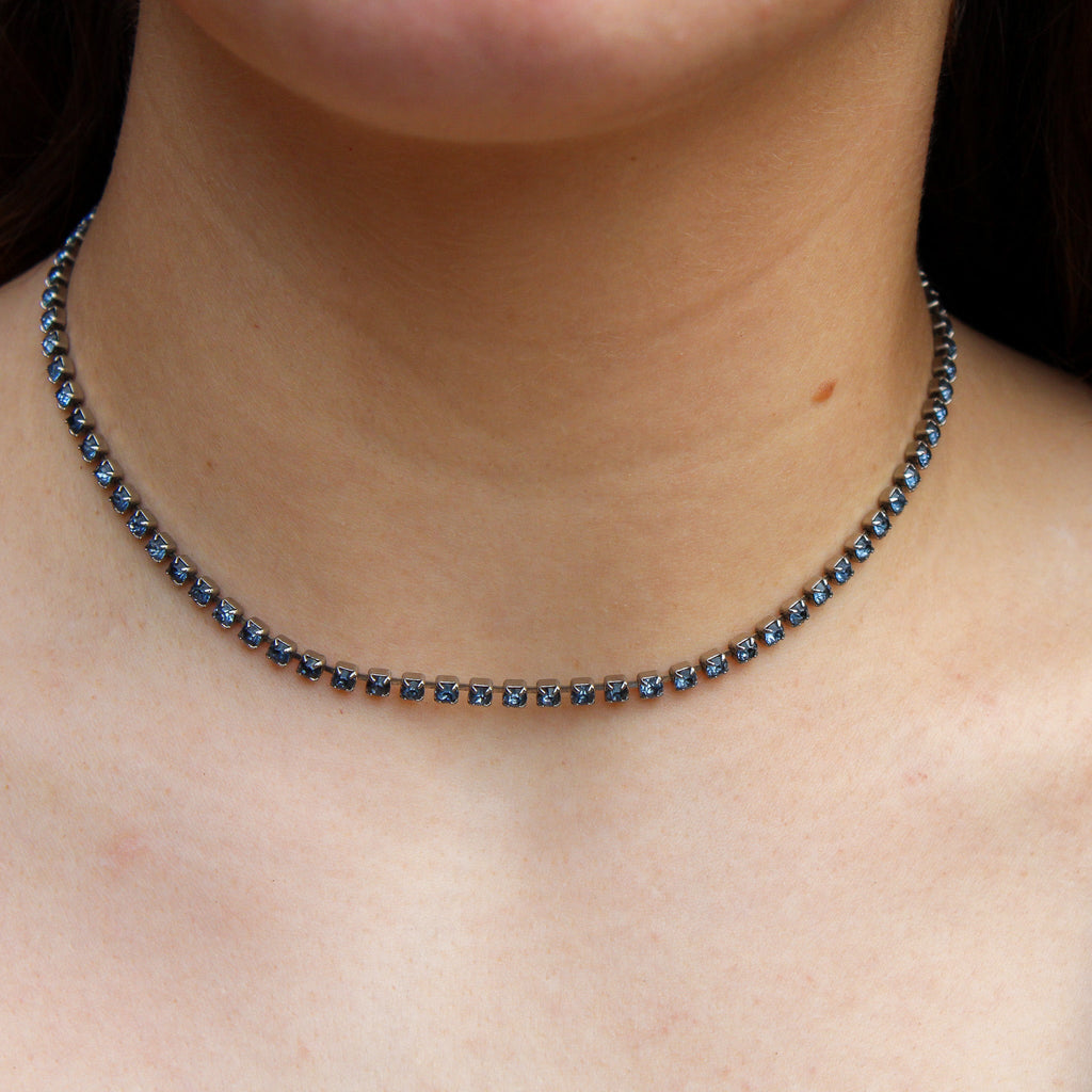 Front view of navy crystal choker
