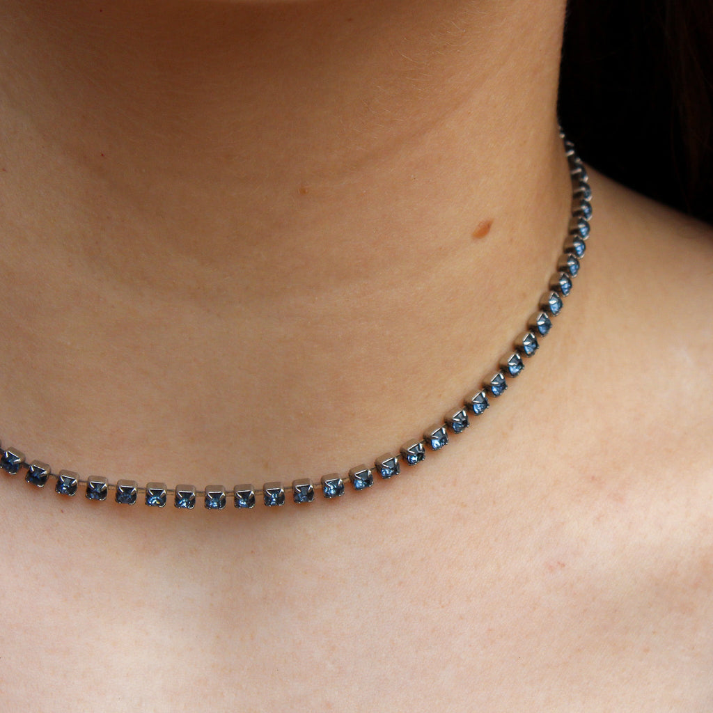 Detail view of navy crystal choker