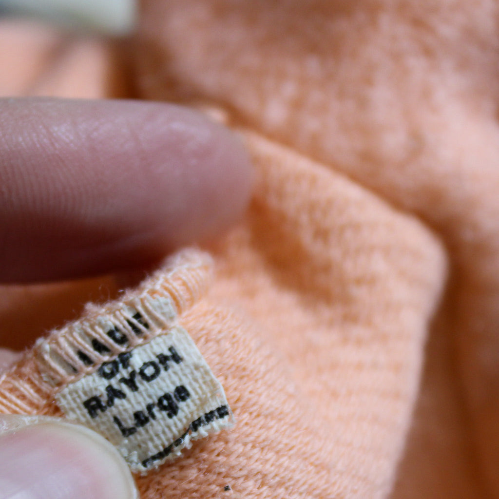 50s/60s peach fuzzy bed jacket with neck ribbon