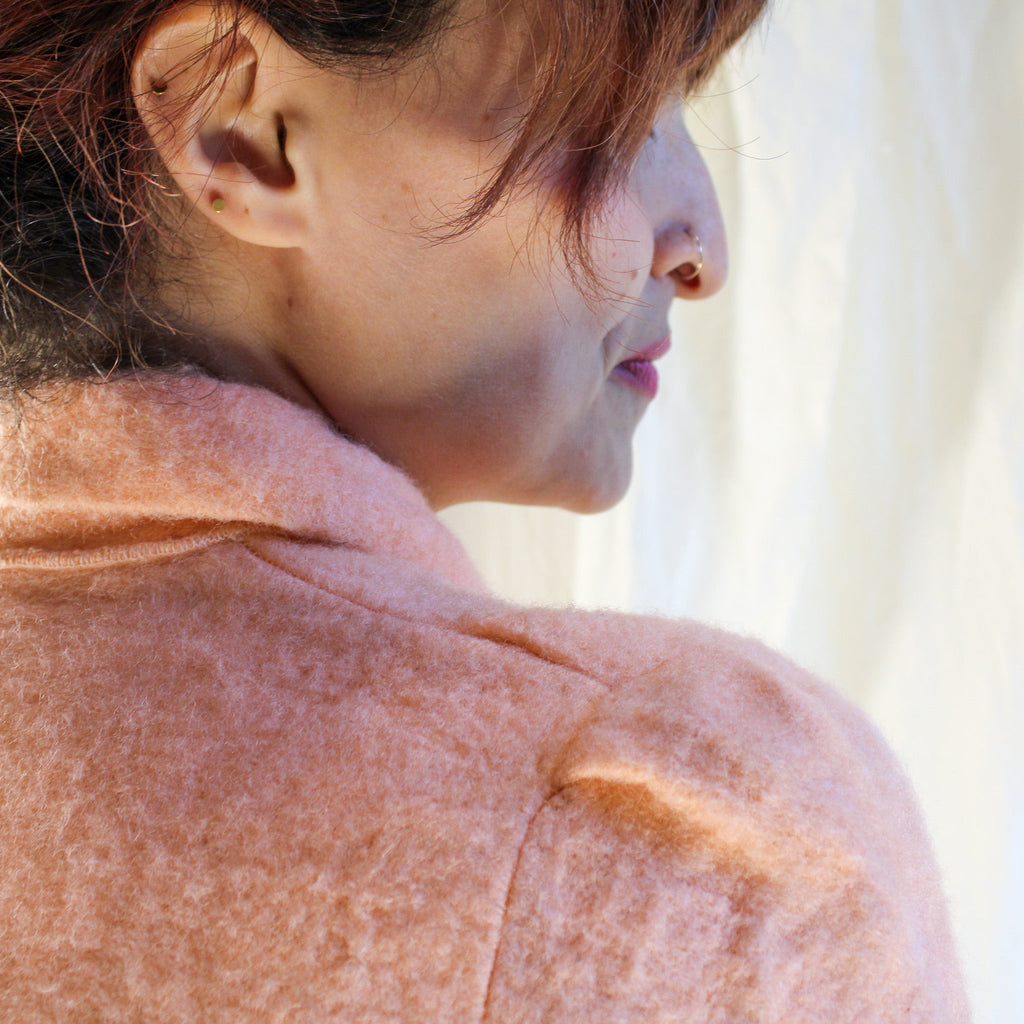 50s/60s peach fuzzy bed jacket with neck ribbon