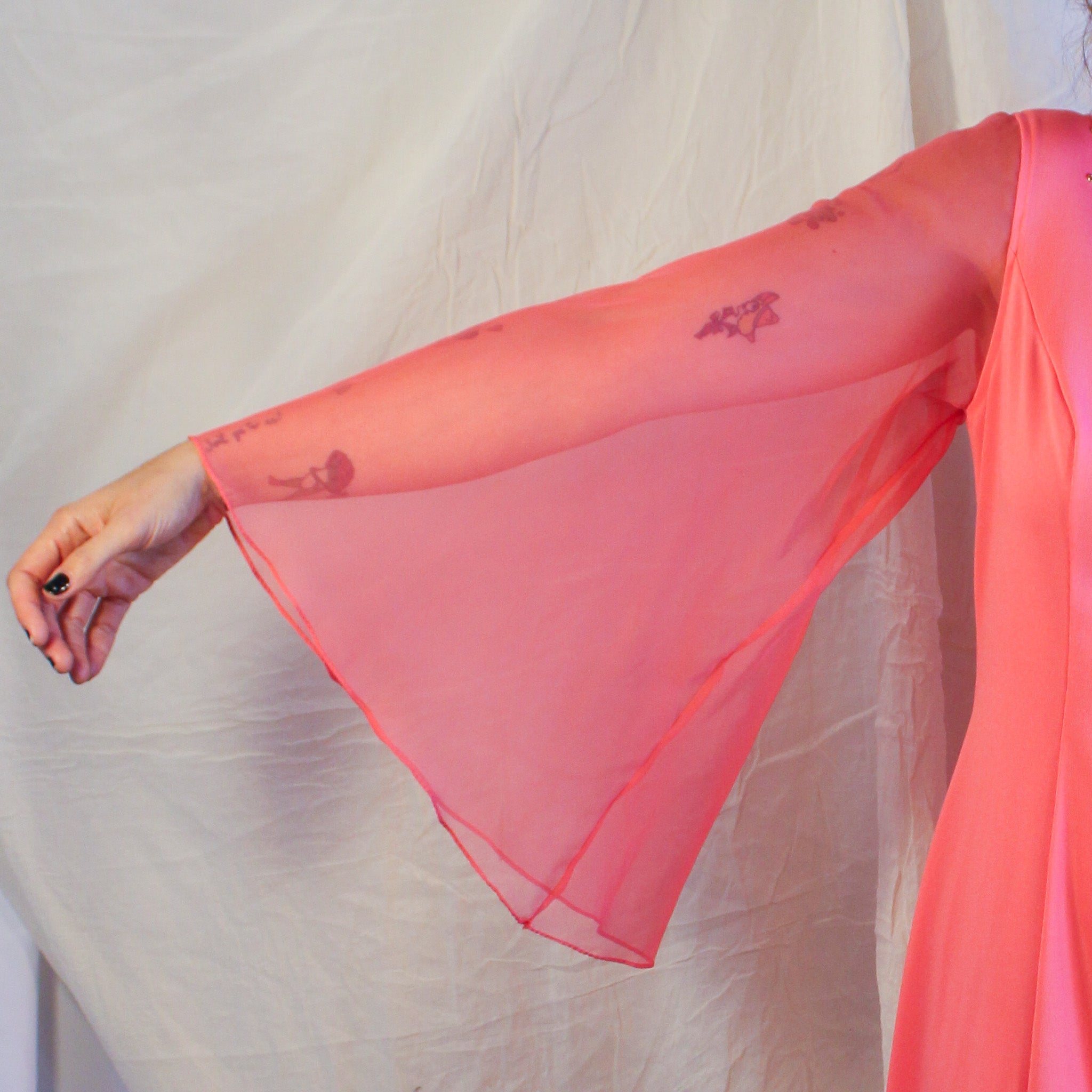 70s hot pink jeweled chiffon sleeve maxi dress by neusters, image 1