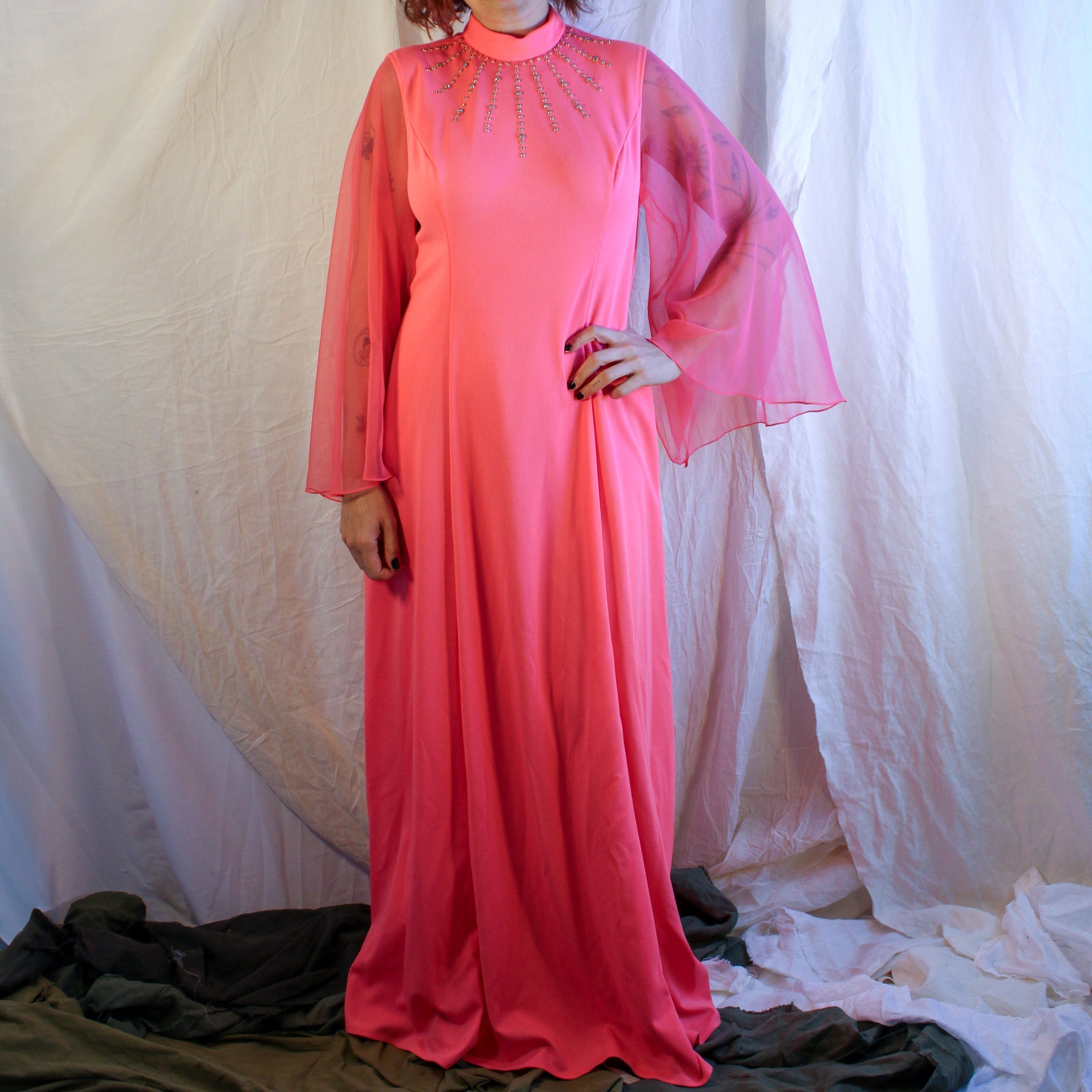 70s hot pink jeweled chiffon sleeve maxi dress by neusters, image 2